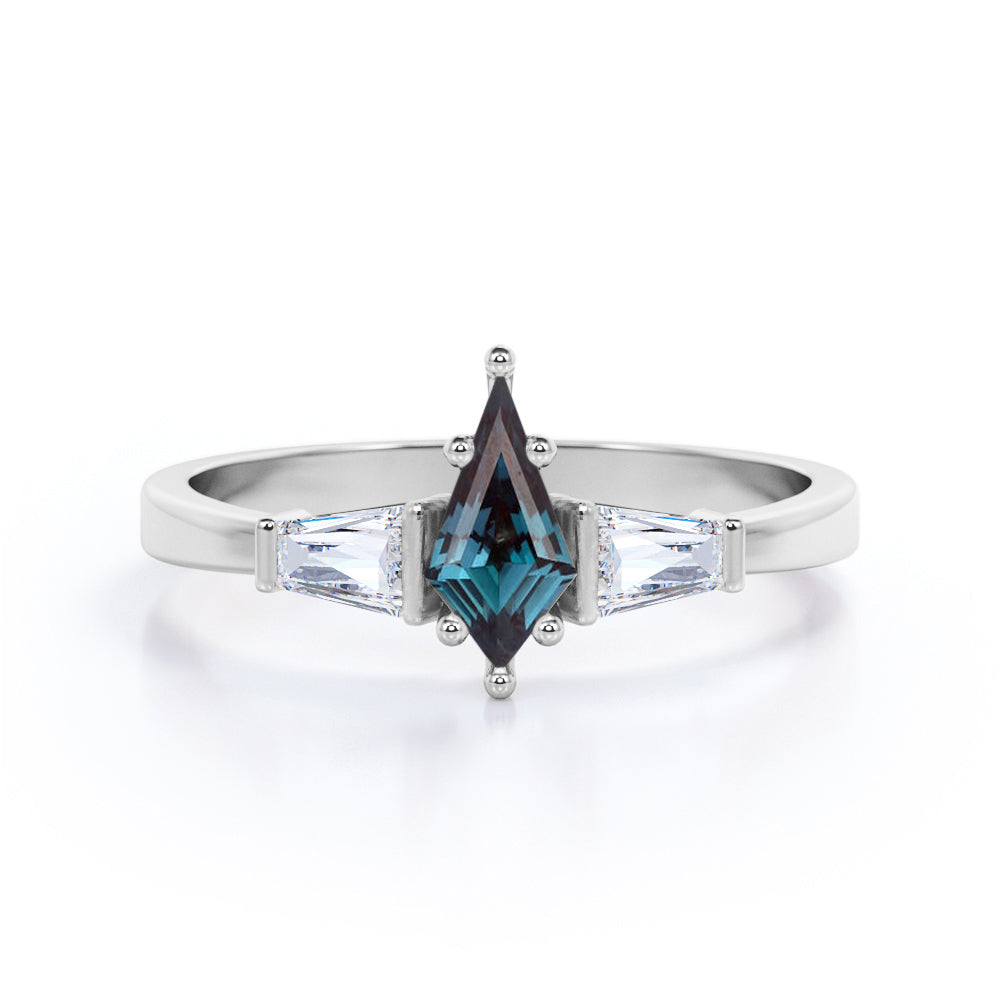 Baguette style 1.1 carat Kite shaped Alexandrite and diamond unique three stone engagement ring in White gold
