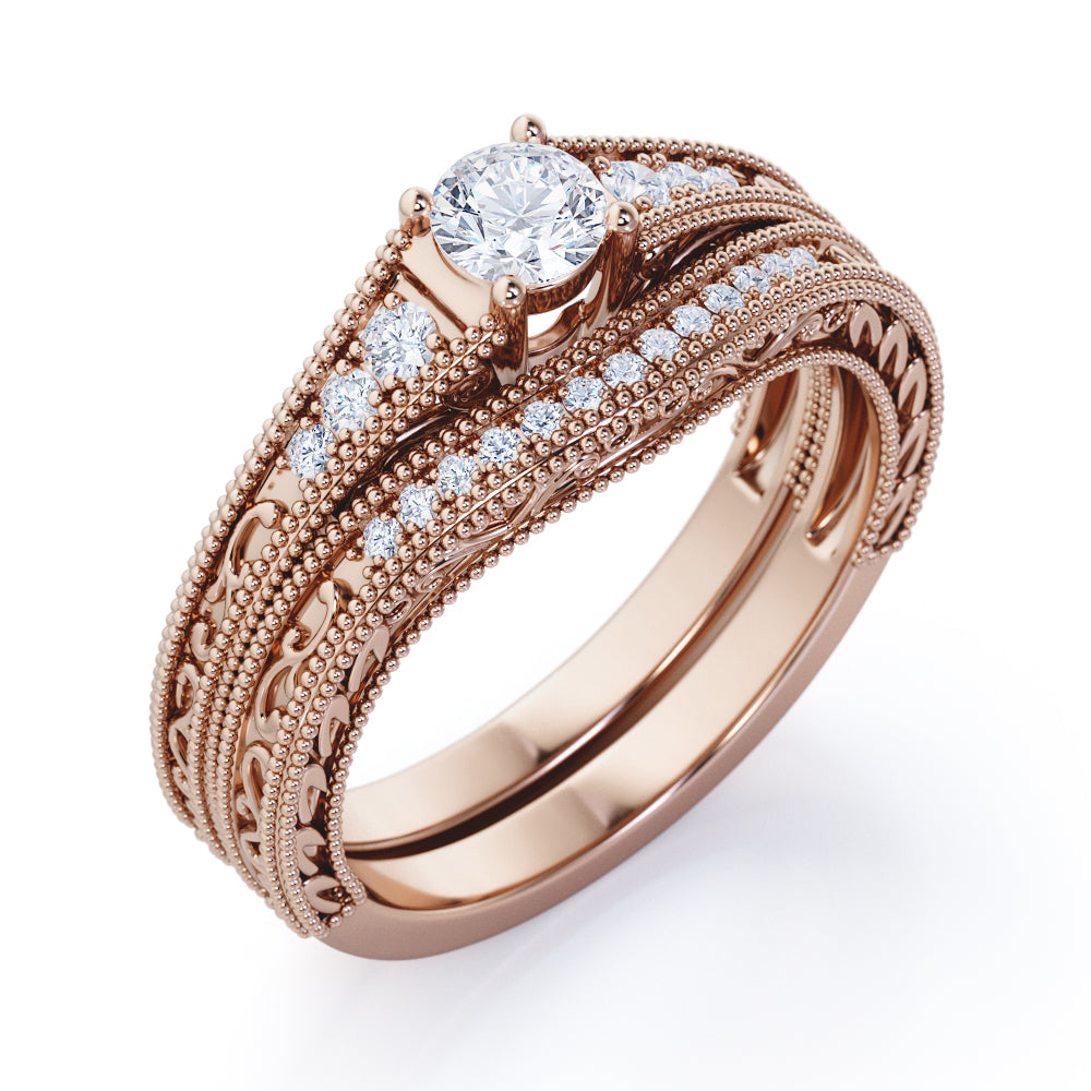 Contoured 0.8 carat Round cut Moissanite and diamond vintage filigree wedding ring set in rose gold