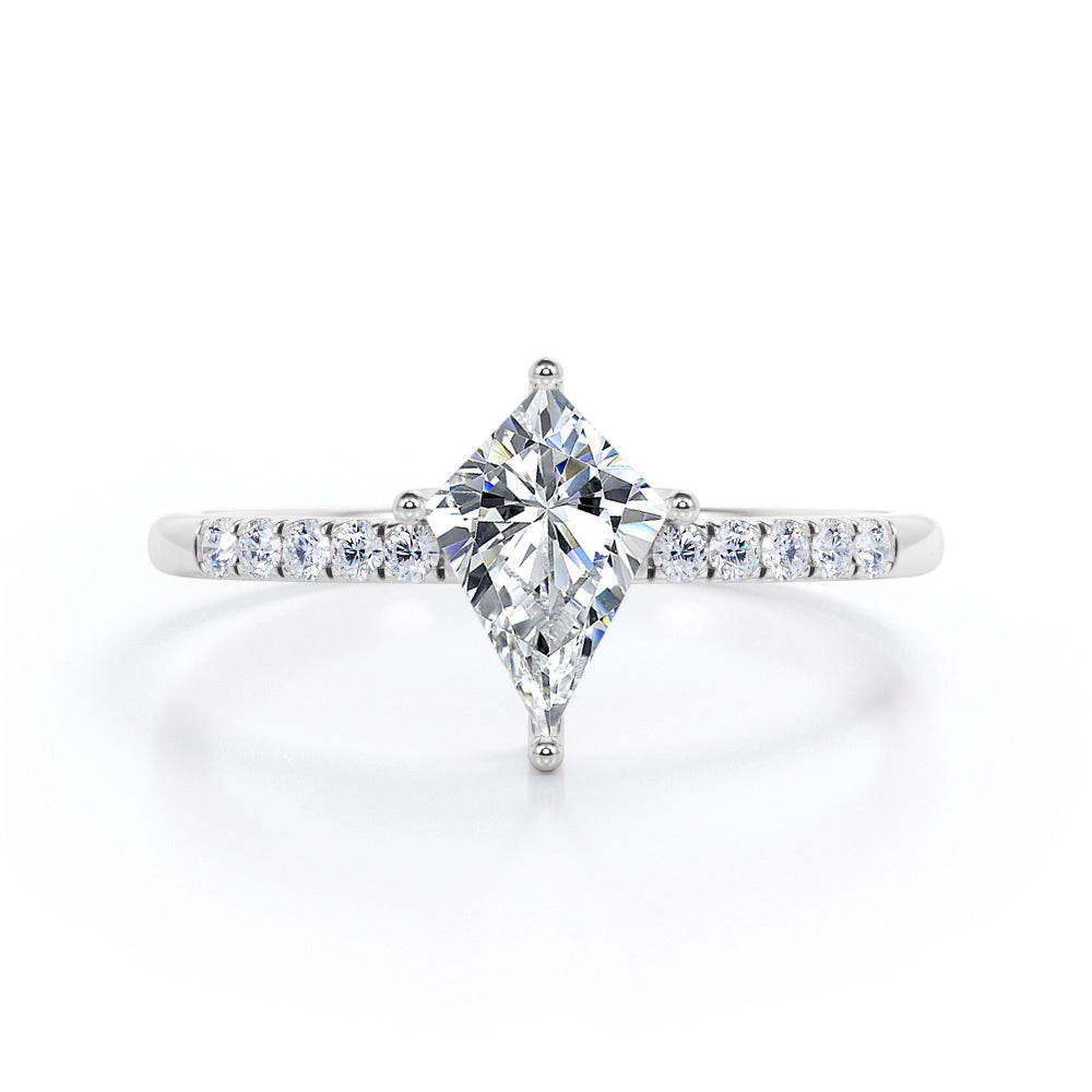 Pave style 1.1 carat Kite shaped Moissanite and diamond classic style engagement ring in white gold