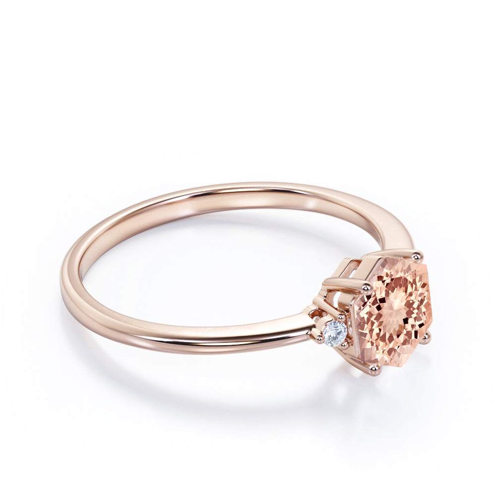 Asymmetrical Trilogy 0.55 carat Hexagon Morganite and diamond 3 stone engagement ring in Rose gold