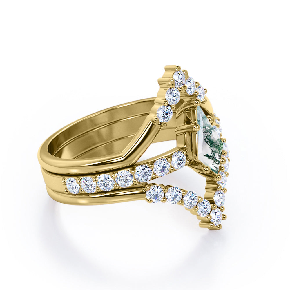 Artistic Chevron 1.45 carat Kite shaped Moss Green Agate and diamond trio wedding ring set in Yellow gold