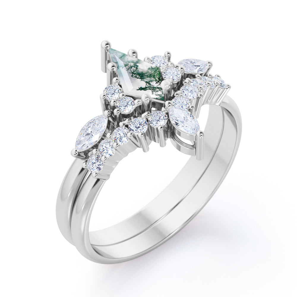 1.3 carat Kite Shaped Moss Green Agate and diamond chevron wedding ring set in White gold