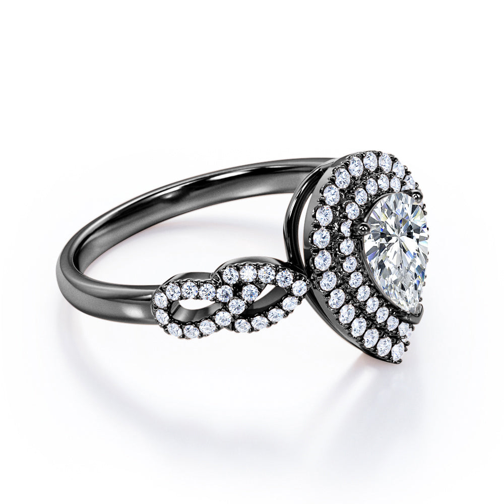 Artistic infinity 1.75 carat Pear cut Moissanite and diamond vintage halo engagement ring in Black gold