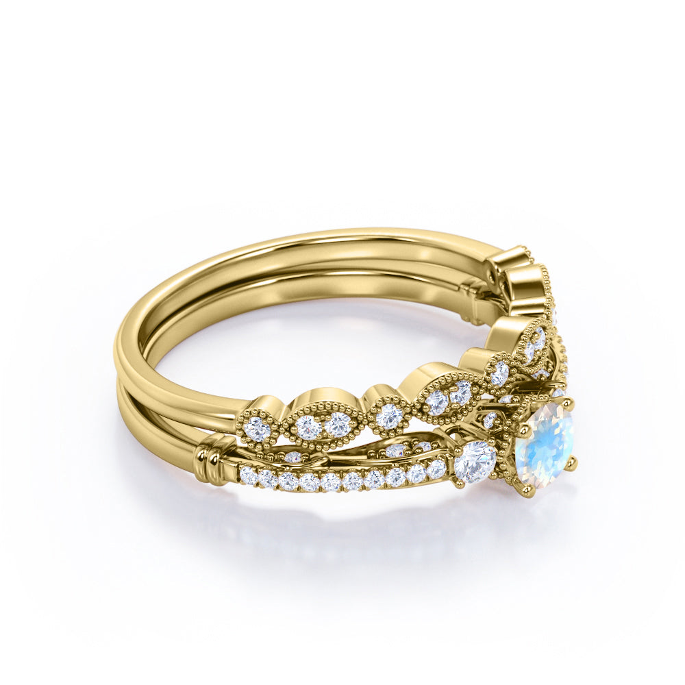 Traditional Eternity setting 1 carat Round cut Rainbow Moonstone and diamond three stone wedding ring set for women in Yellow gold
