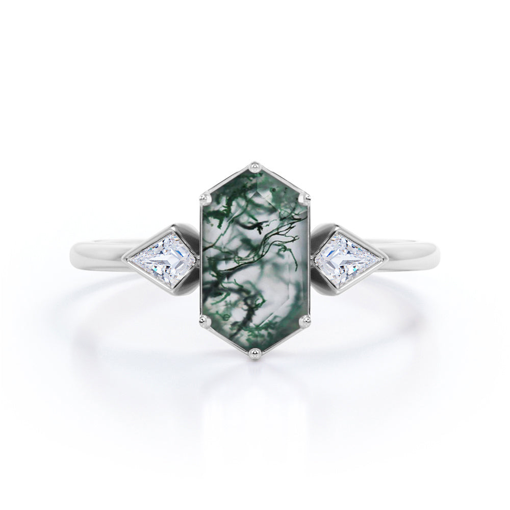 Antique Trinity 1.2 carat Hexagon shaped Moss Green Agate and Kite diamonds engagement ring in White gold