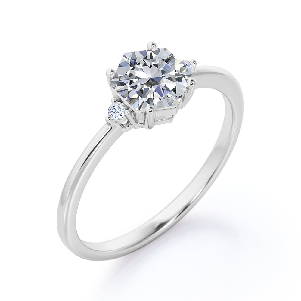 Triple stone 1 carat Hexagon cut Moissanite and diamond engagement ring in White gold