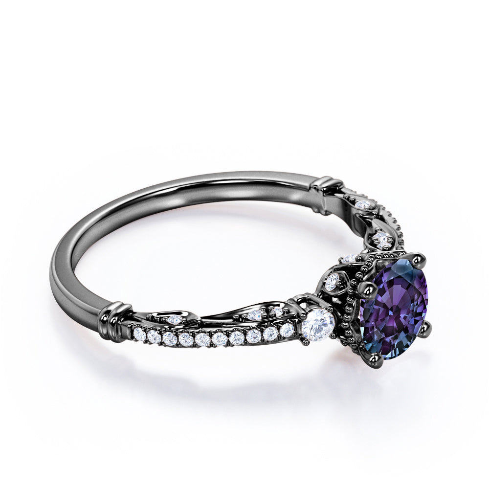 Authentic Scrollwork 1.35 carat Round cut Lab made Alexandrite and diamond eternity engagement ring in Black gold