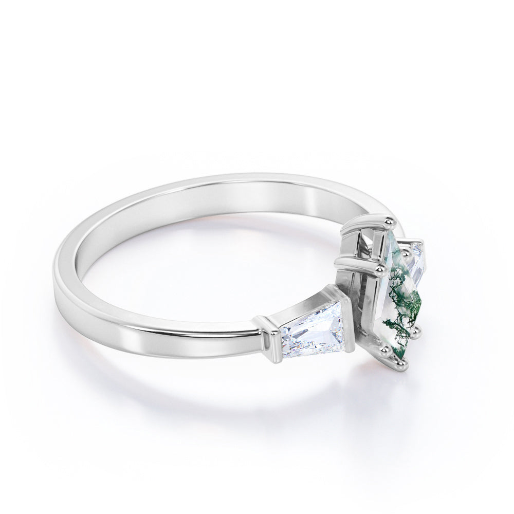 Contemporary three stone 1.2 carat Kite shape Moss Green Agate and diamond baguette style engagement ring in White gold