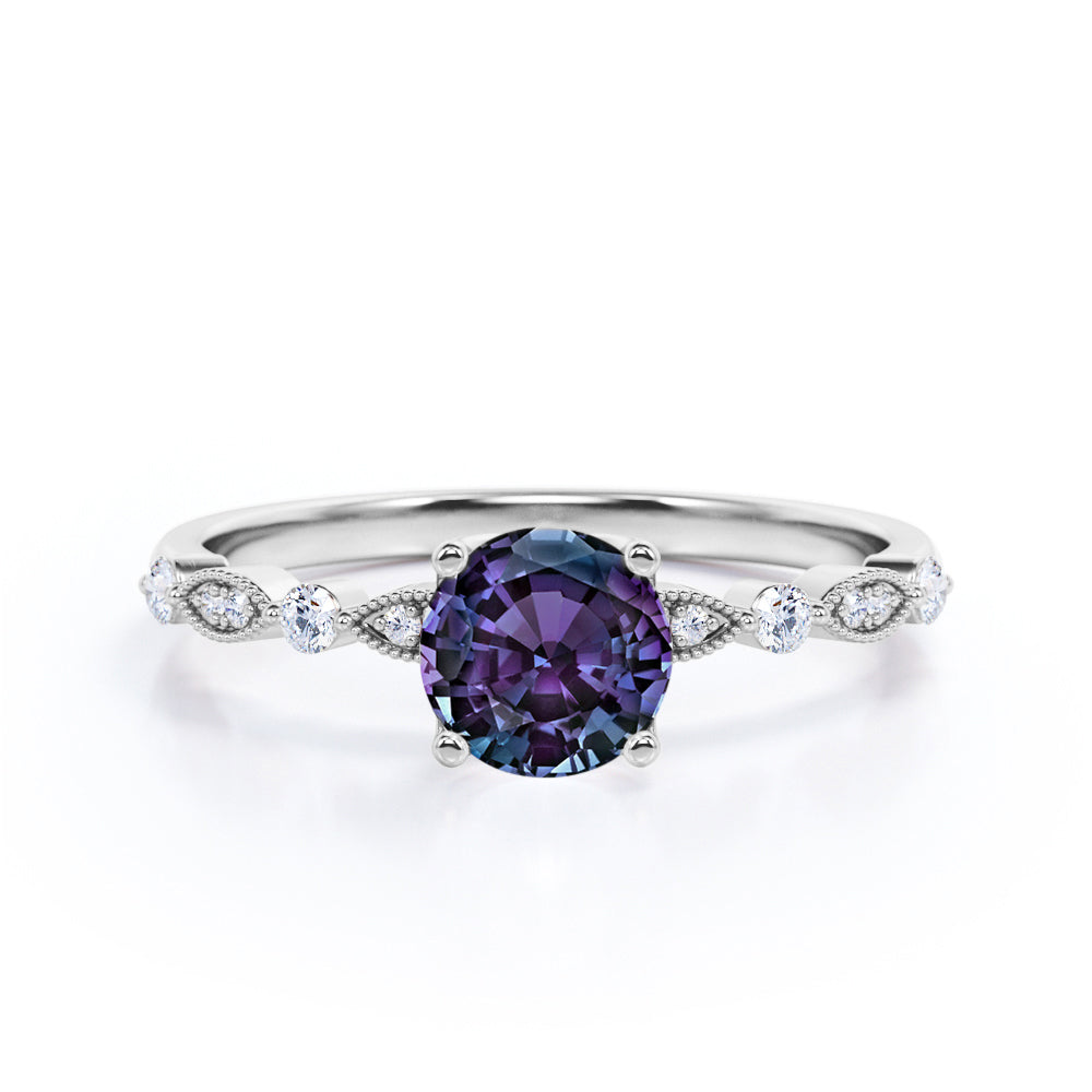Authentic 1.1 carat Round cut Lab made Alexandrite and diamond-Milgrain-classic prong engagement ring in White gold
