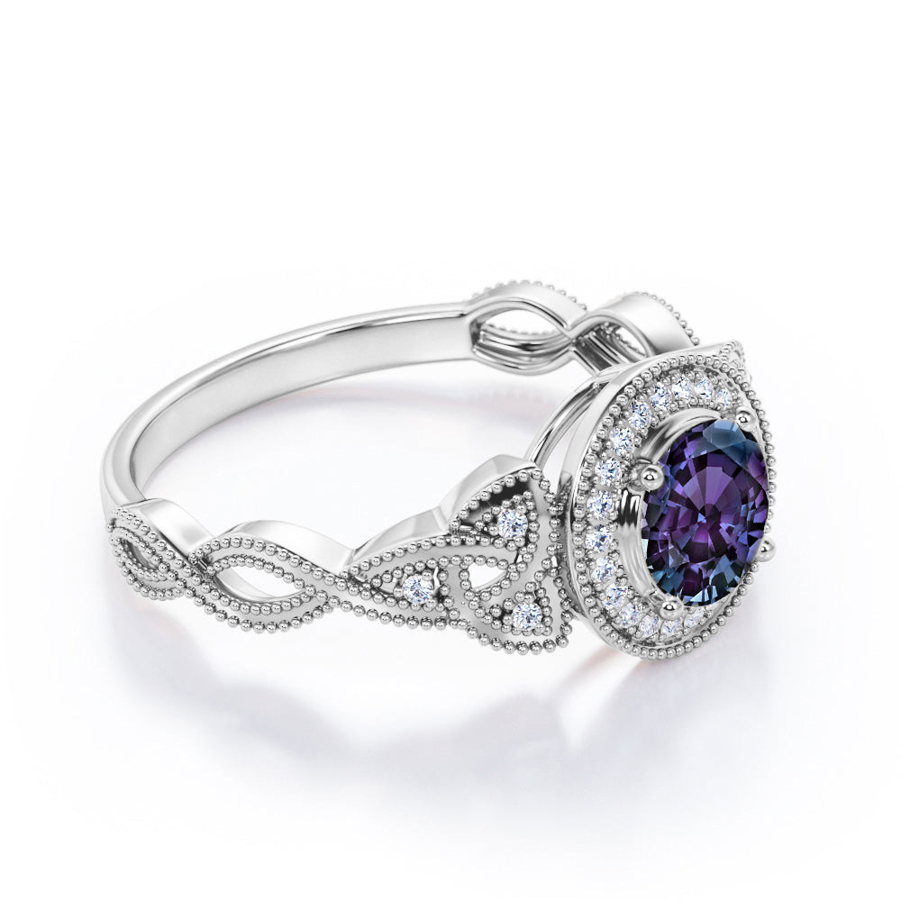 Exquisite halo 1.5 carat Round cut Lab made Alexandrite and diamond-floral patterns-engagement ring in White gold