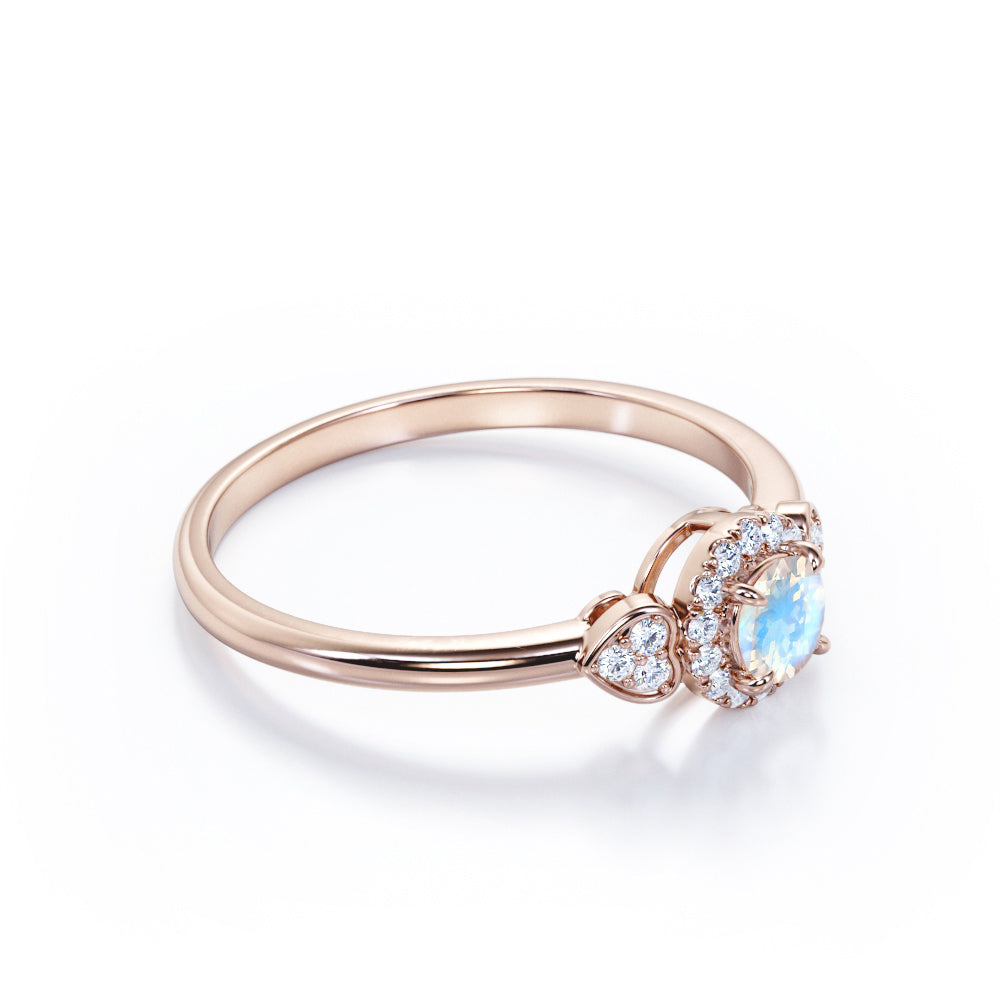 Triple stone 1.25 carat Round cut Rainbow Moonstone and diamond vintage double heart sweetheart ring in Rose gold-Engagement ring