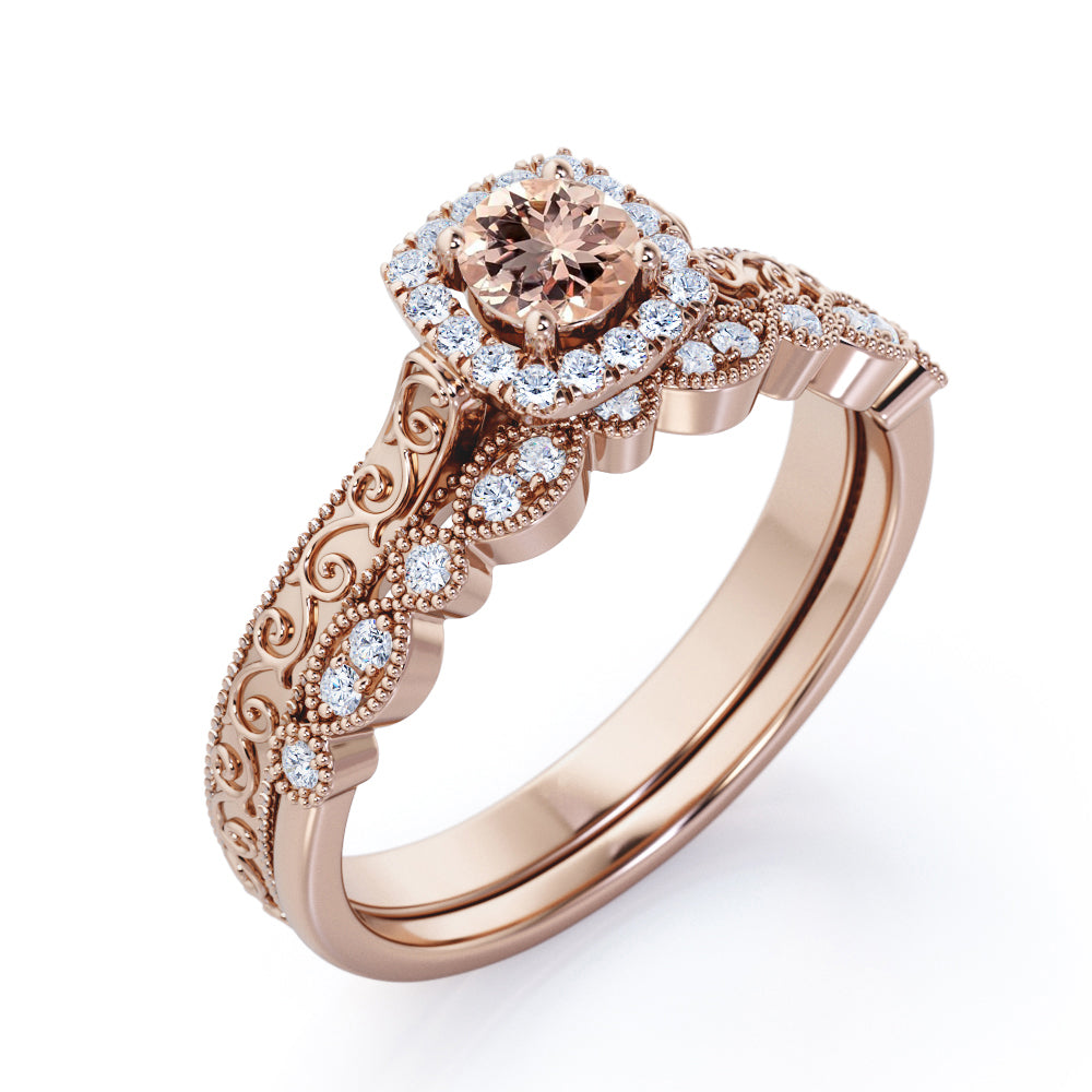 Victorian Filigree 0.9 carat Round cut Morganite and diamond halo Milgrain halo engagement ring set in Rose gold-Bridal set