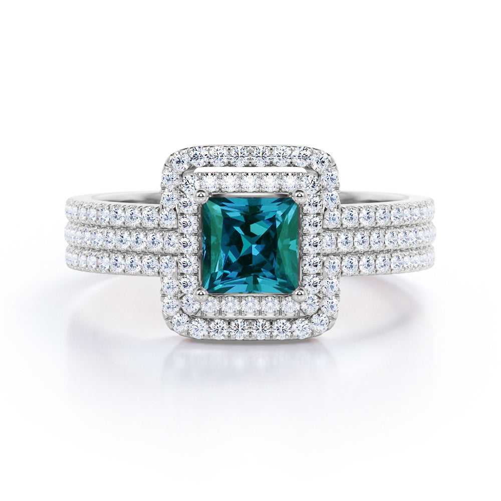 Elegant Eternity 1.75 carat Princess cut Lab created Alexandrite and diamond trio wedding ring set for women in White gold