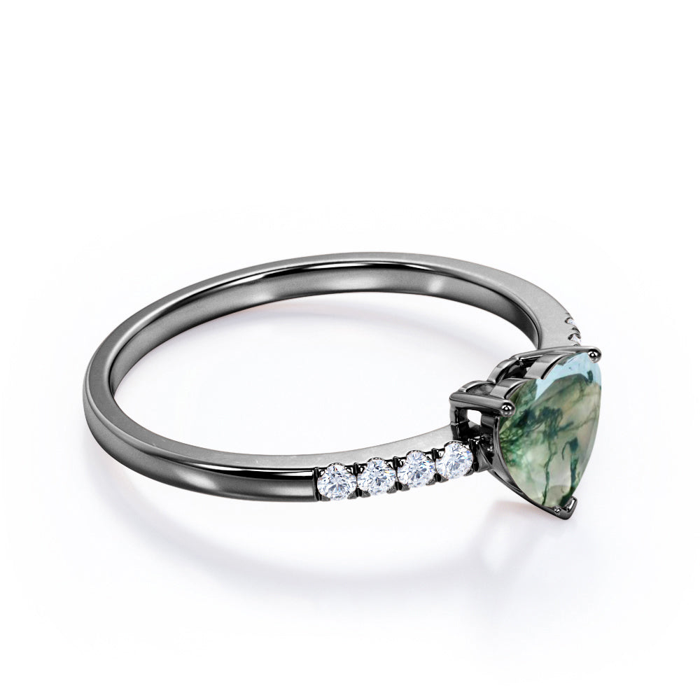 Vintage Pave 1.2 carat heart shaped Moss Green Agate and diamond eternity engagement ring in Black gold
