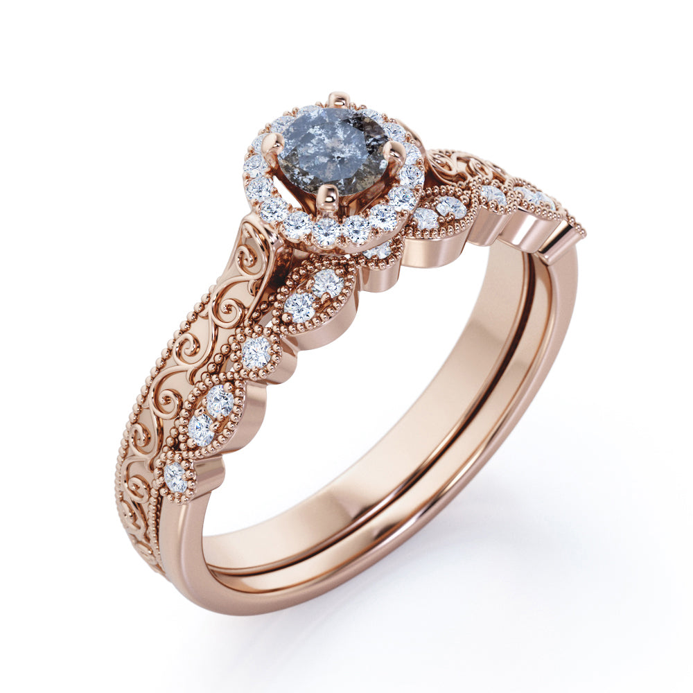 Authentic Filigree 0.75 carat Round cut Salt and pepper diamond and White diamond halo style wedding ring set in Rose gold