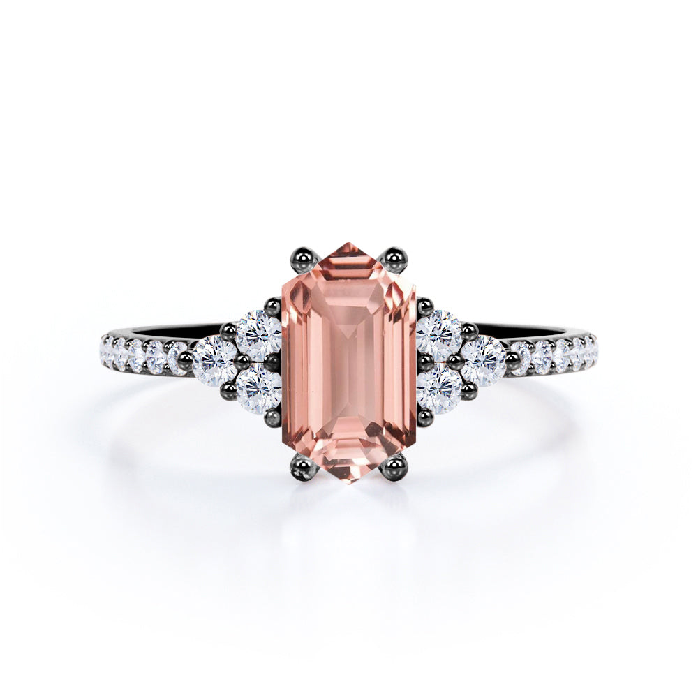 Elongated 1.5 carat Hexagon shaped Morganite and diamond pave eternity engagement ring in Black gold
