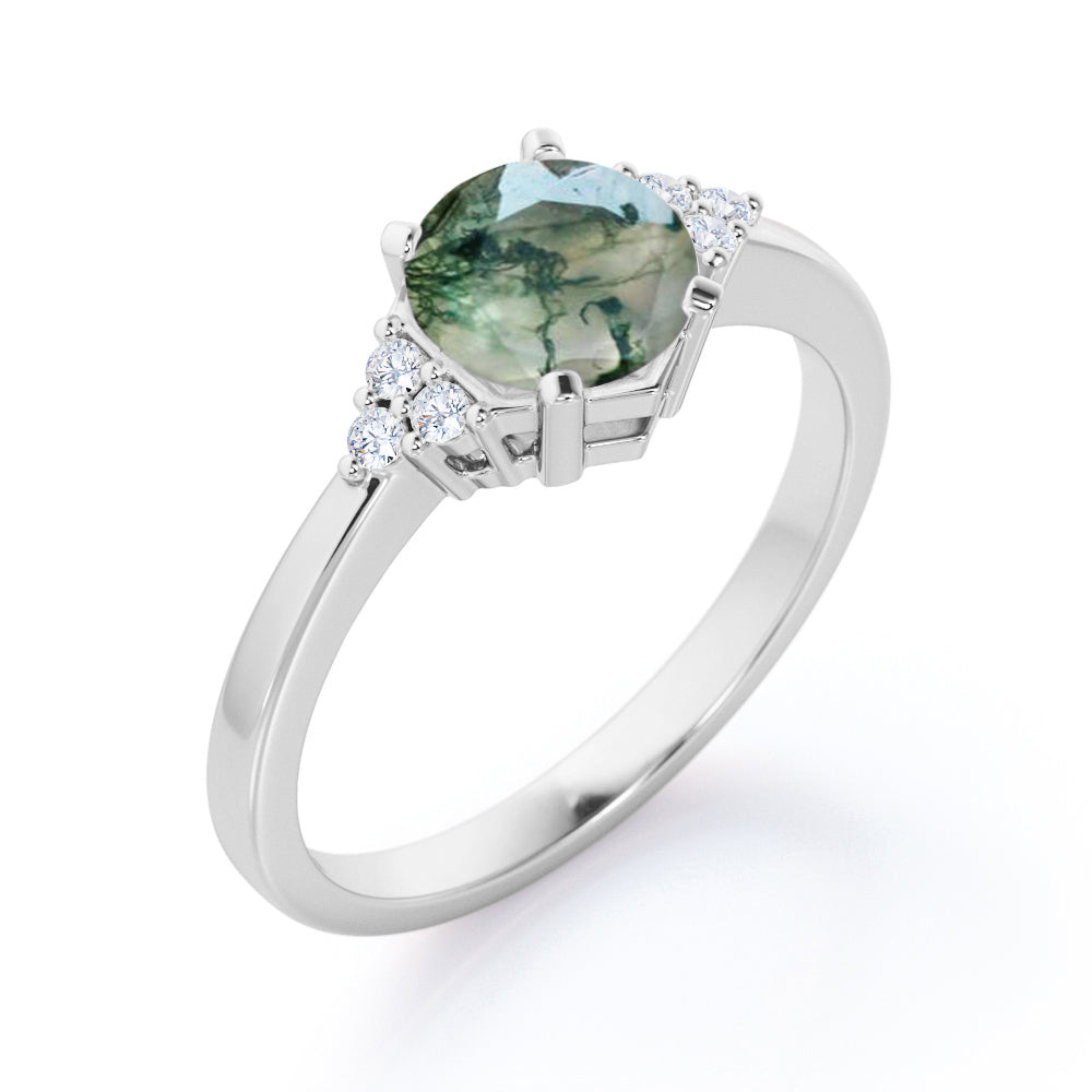 Tapered 7 stones 1.1 carat Round cut Moss Green Agate and diamond engagement ring in White gold