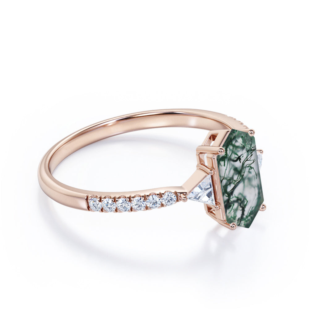 Modern Trillion 1.25 carat Hexagon shaped Moss Green Agate and diamond eternity style engagement ring in Rose gold