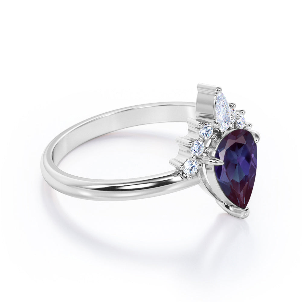 Elegant tiara 1.15 carat Pear shaped Lab made Alexandrite and diamond 3 prong engagement ring in White gold