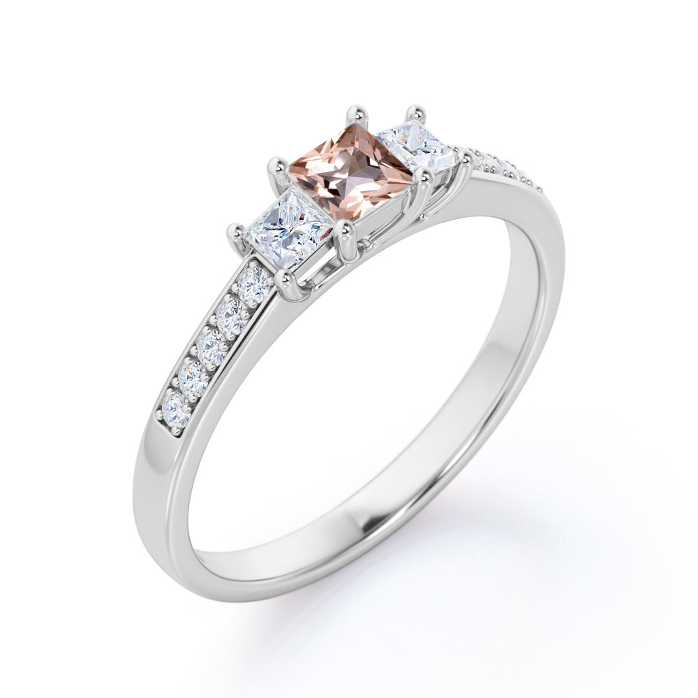 Channel set 0.75 carat Princess cut Morganite and diamond past present future engagement ring in White gold