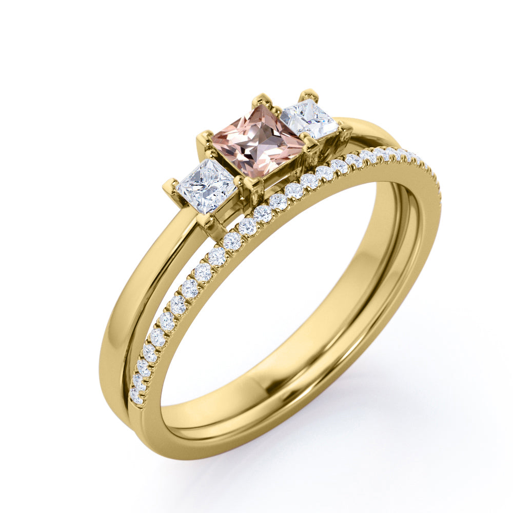 Triple stone 0.85 carat Princess cut Pink Morganite and diamond eternity wedding ring set for women in Yellow gold