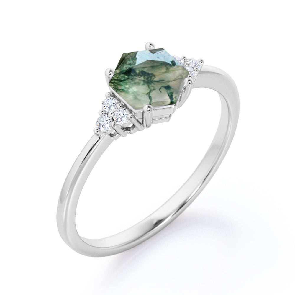 Seven lucky stones 1 carat Hexagon shaped Moss Green Agate and diamond pinched shank engagement ring in White gold