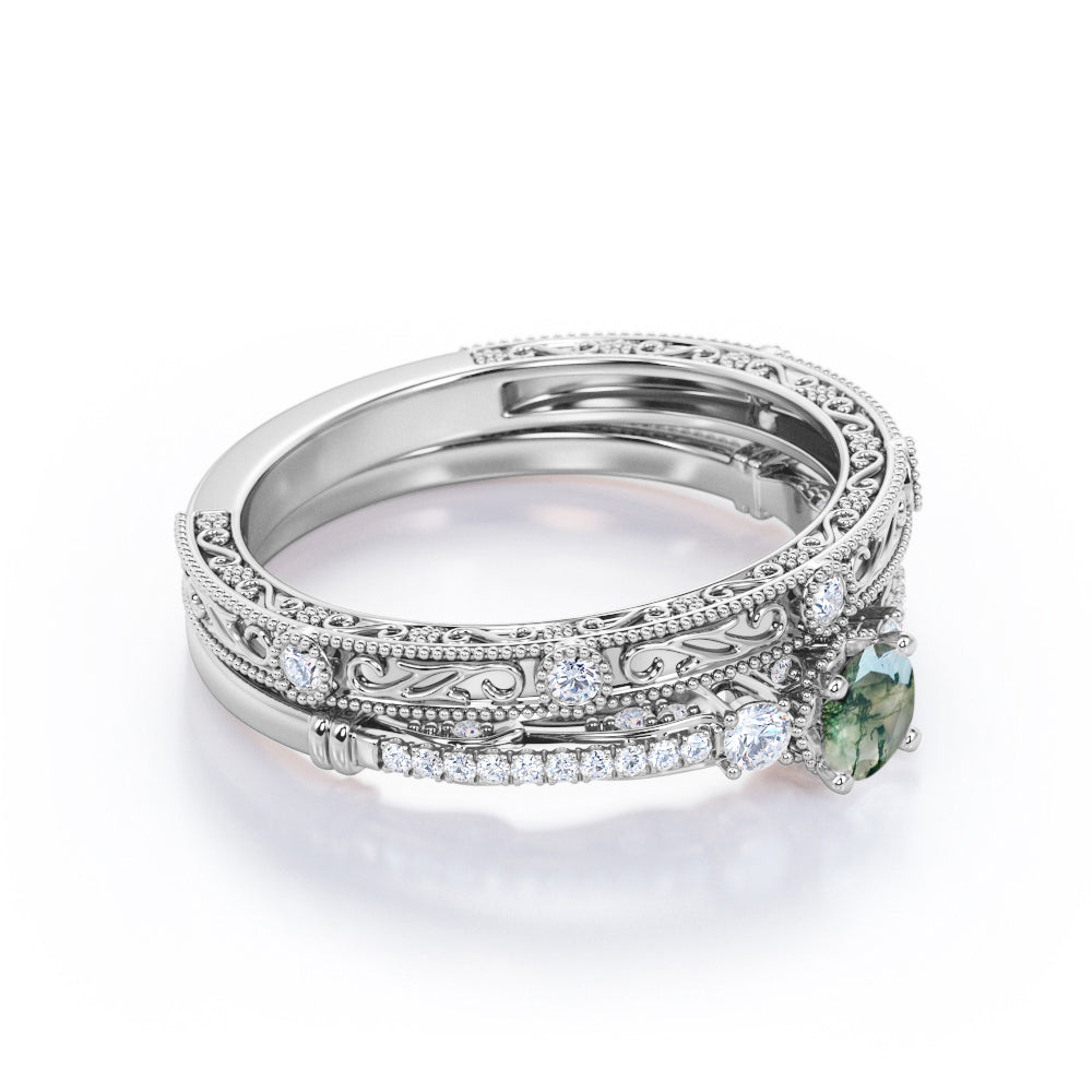Trinity 0.8 carat Round cut Moss Green Agate artistic art deco filigree wedding ring set in White gold
