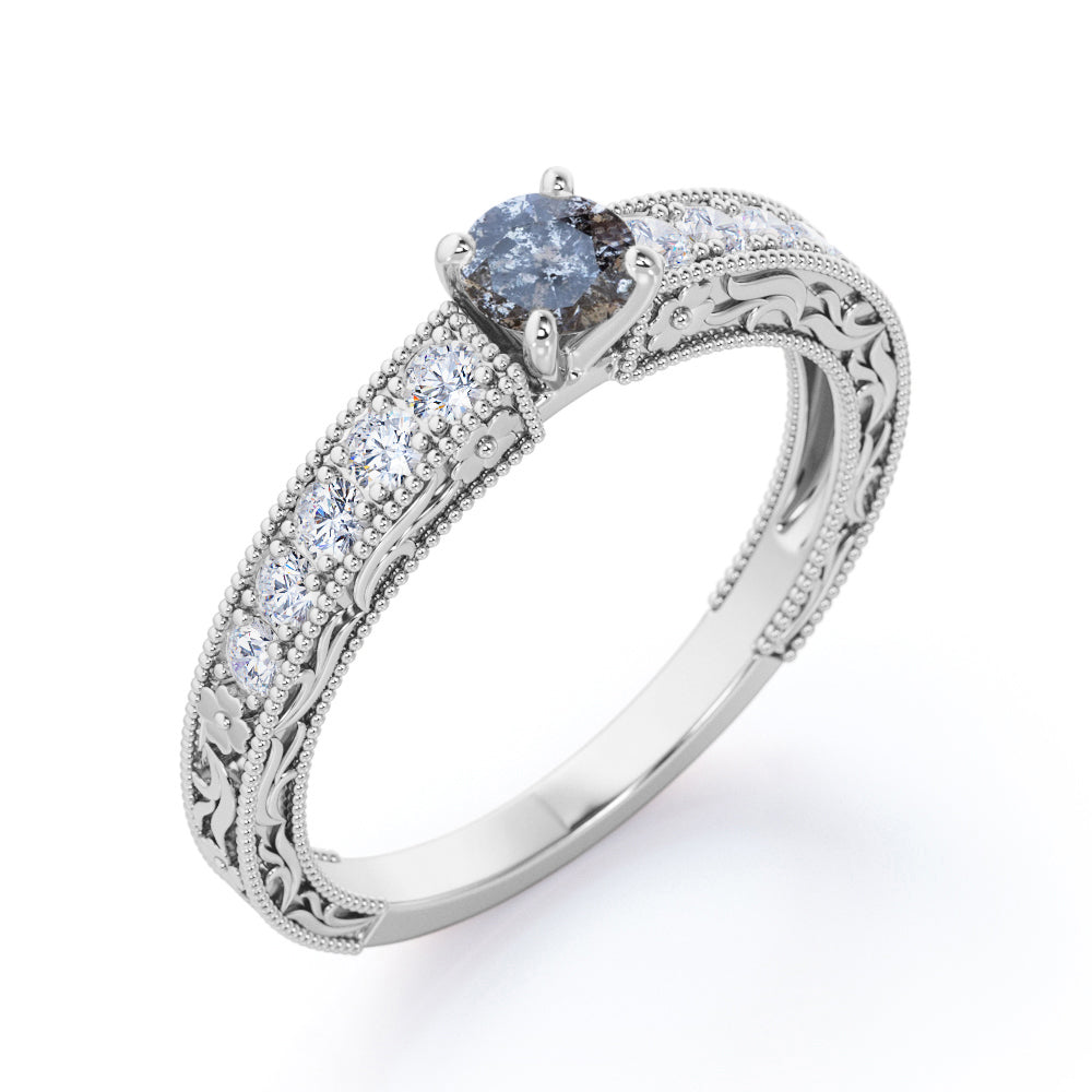 Antique Cathedral 0.7 carat Round cut Salt and pepper diamond scrollwork filigree engagement ring in White gold