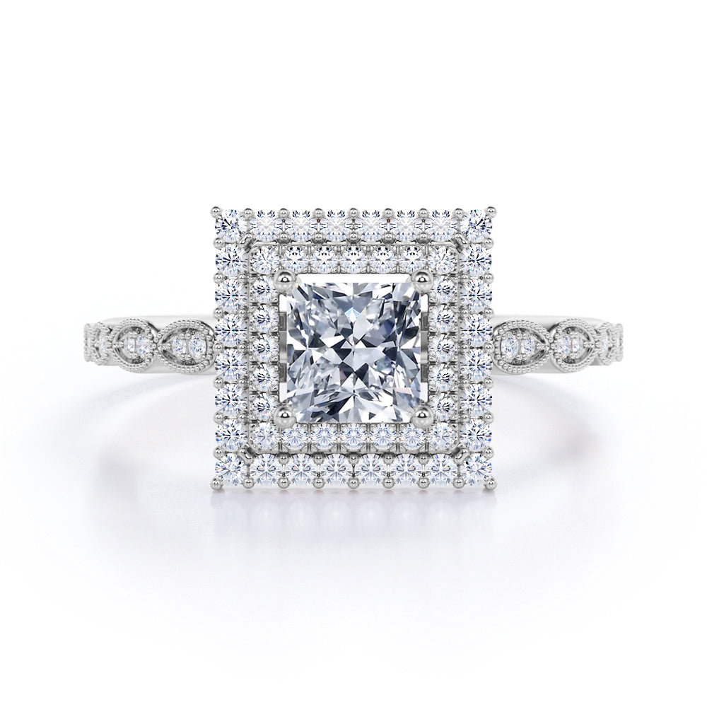Antique inspired 1.75 carat Princess cut Moissanite and diamond double halo engagement ring in White gold