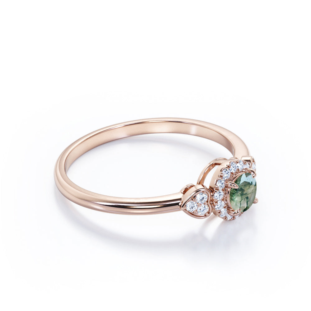 Halo Heart 0.7 carat Round cut Moss Agate and diamond 4 prong engagement ring in Rose gold