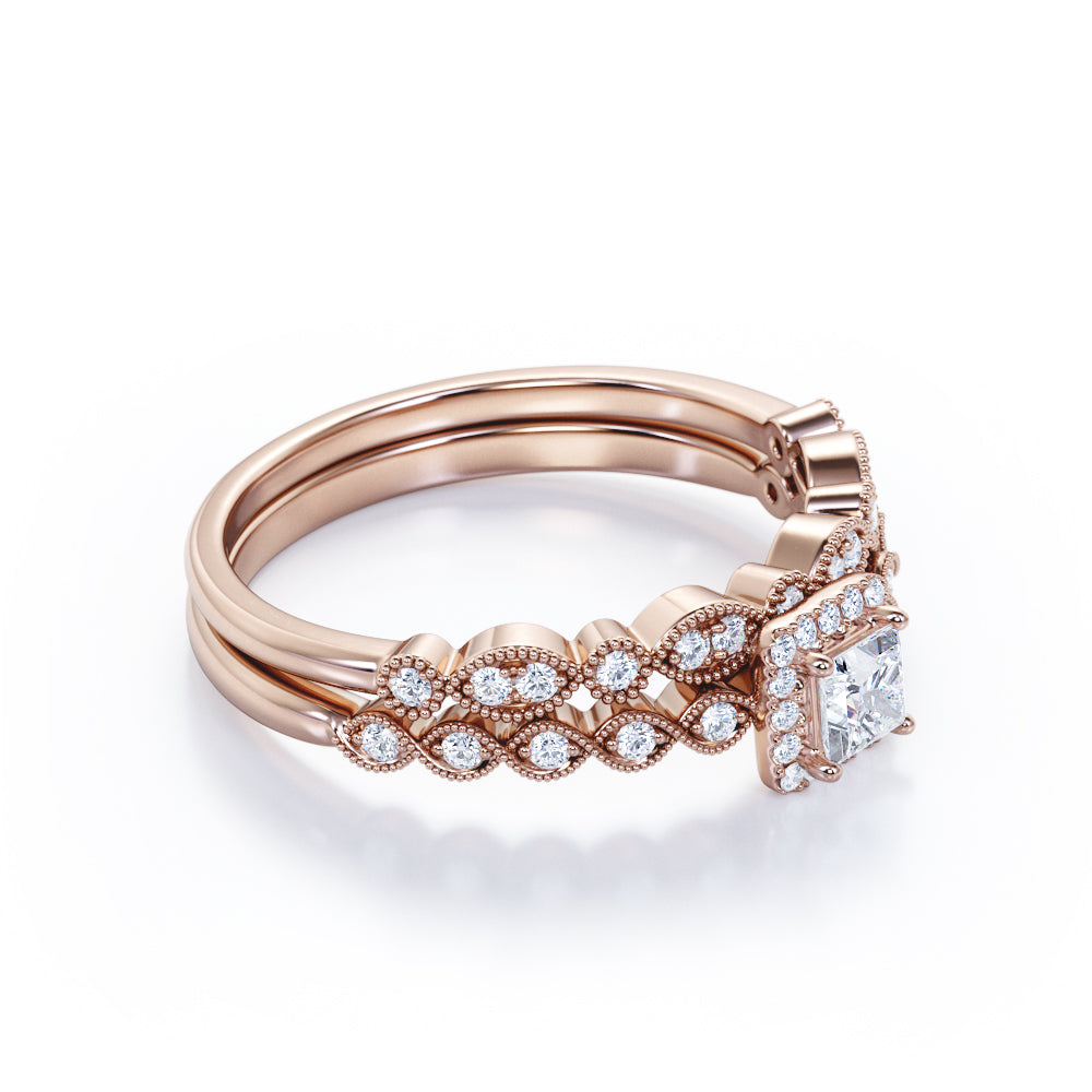 Antique twisted style 1 carat Princess cut Moissanite and diamond art deco halo wedding ring set in Rose gold