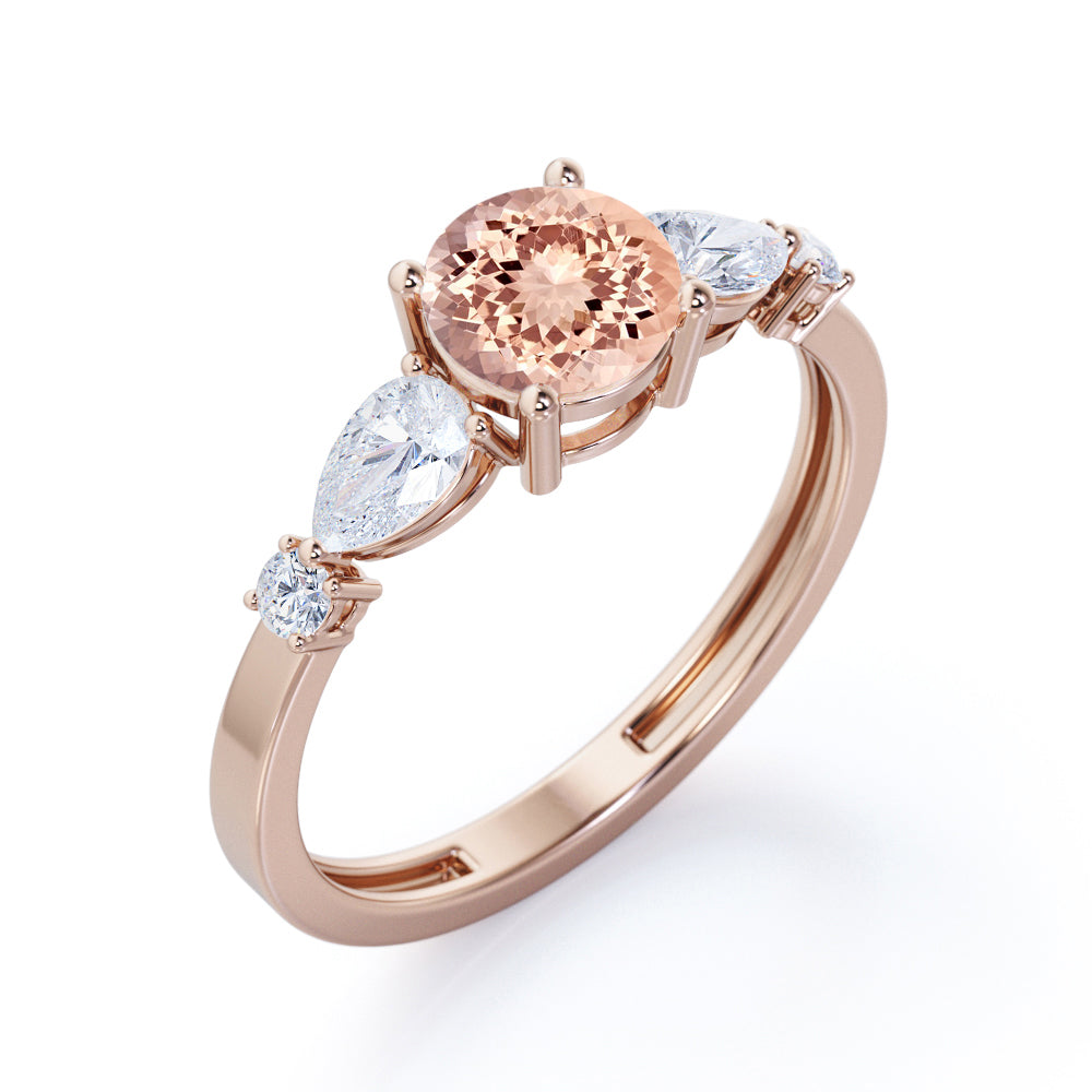5 lucky stones 1.2 carat Round cut Peach Morganite and diamond antique engagement ring in Rose gold