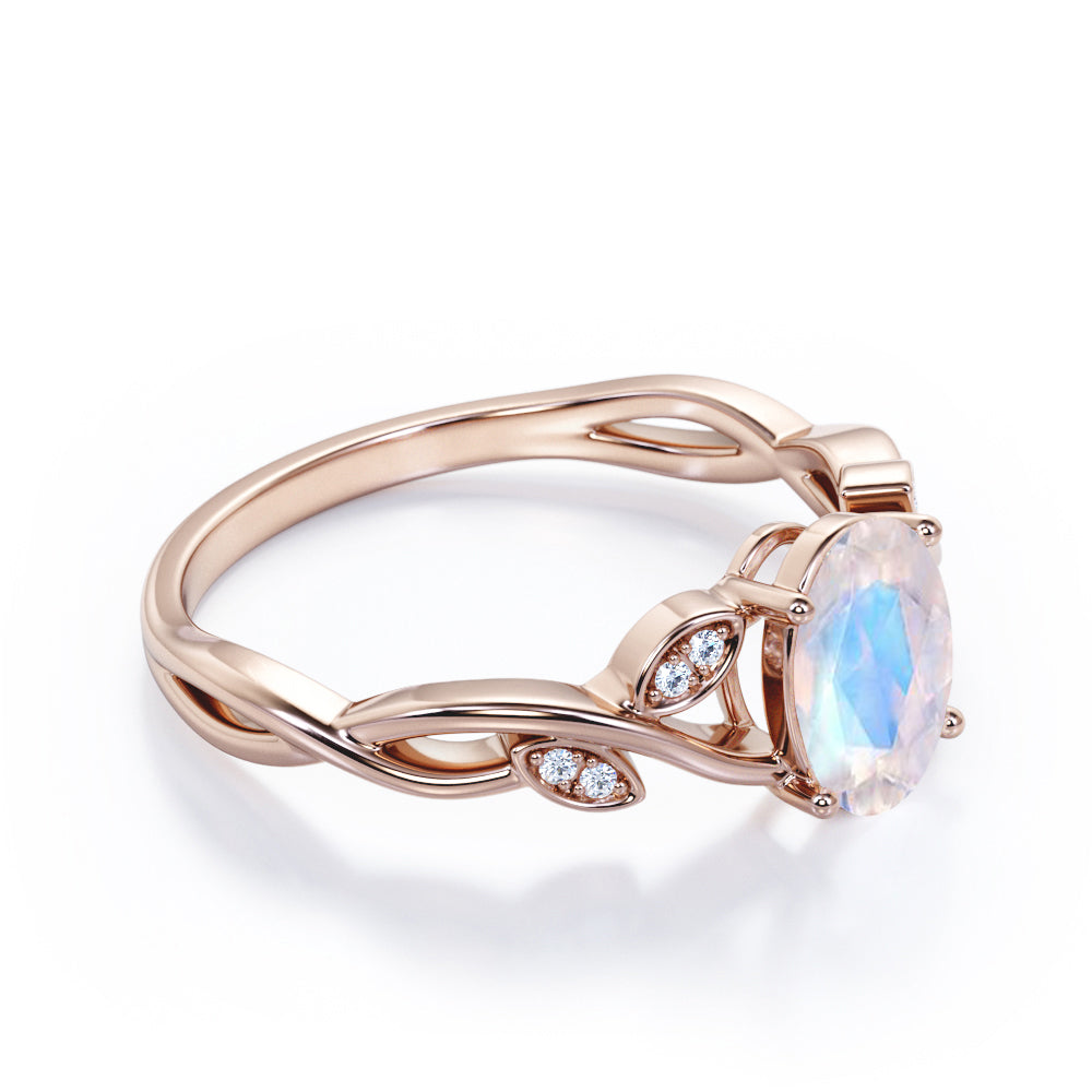 Twisted Vine 1.15 carat Oval cut Rainbow Moonstone and diamond forest inspired engagement ring in Rose gold
