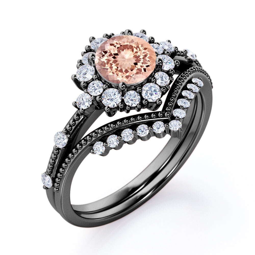 Contoured setting 1.65 carat Round cut Morganite and diamond Snowflake Milgrain Bridal set in Black gold