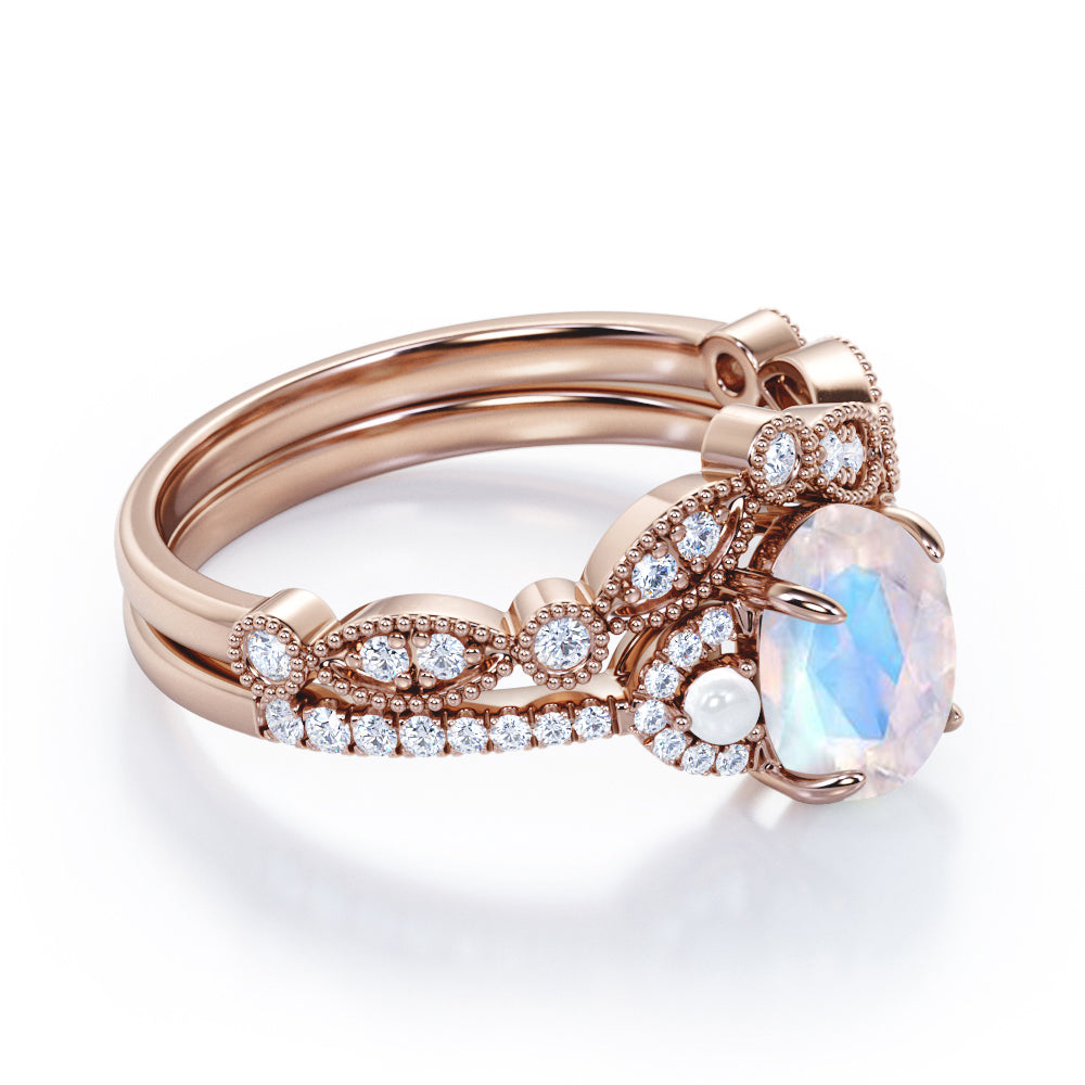 Chevron Milgrain 1.75 carat Oval cut Blue Moonstone, diamond and freshwater pearl wedding ring set for women in Rose gold