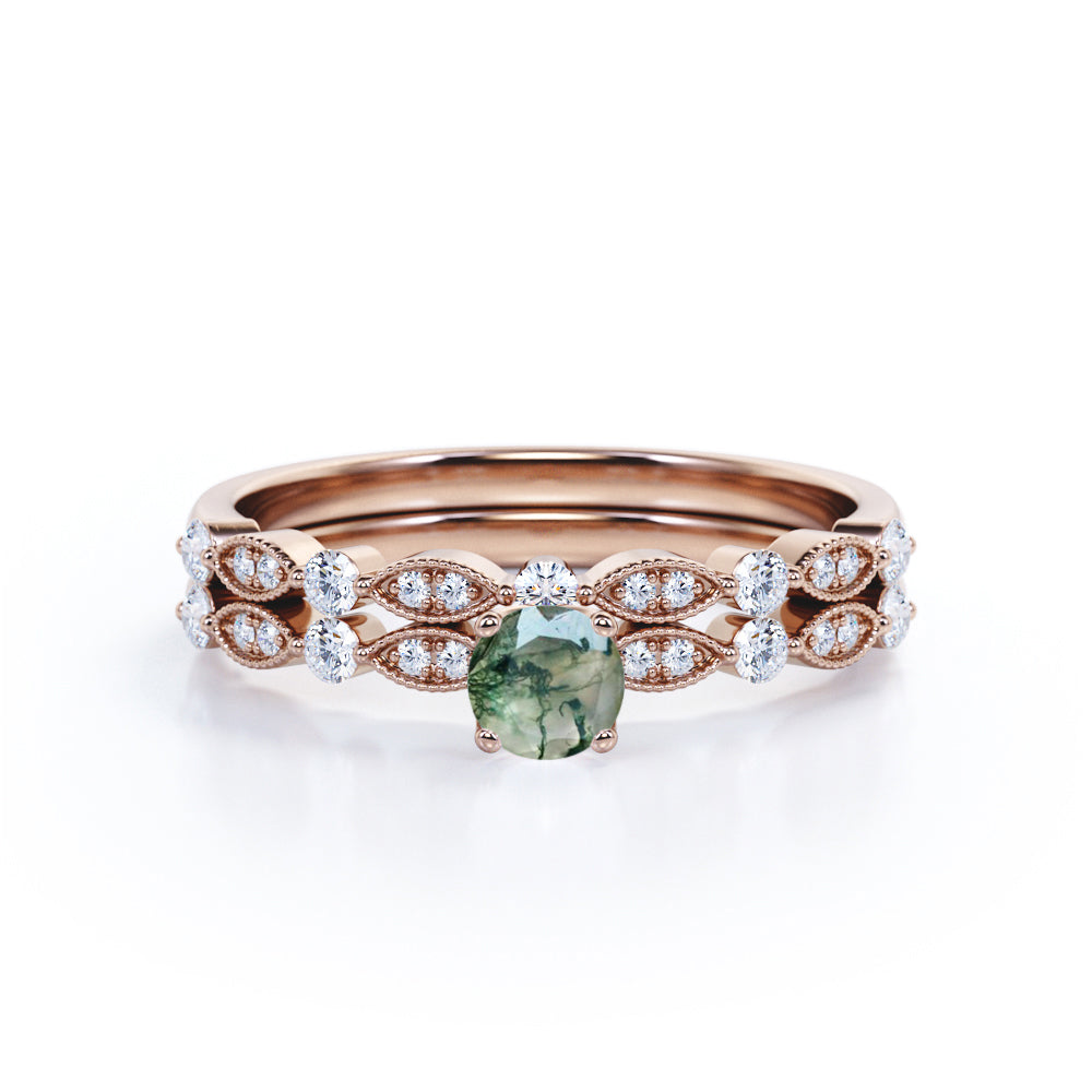 Milgrain Marquise Dot 0.85 carat Round cut Moss Green Agate and diamond wedding ring set for her in Rose gold