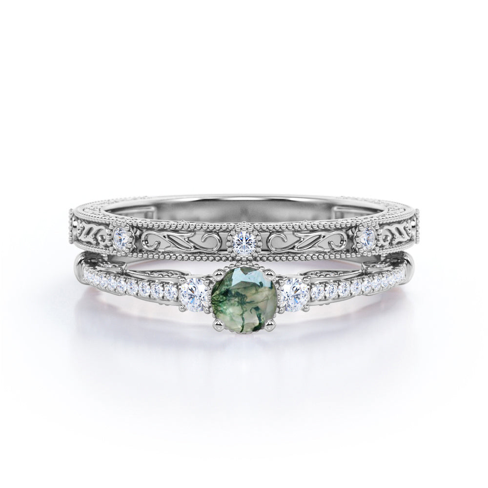 Trinity 0.8 carat Round cut Moss Green Agate artistic art deco filigree wedding ring set in White gold