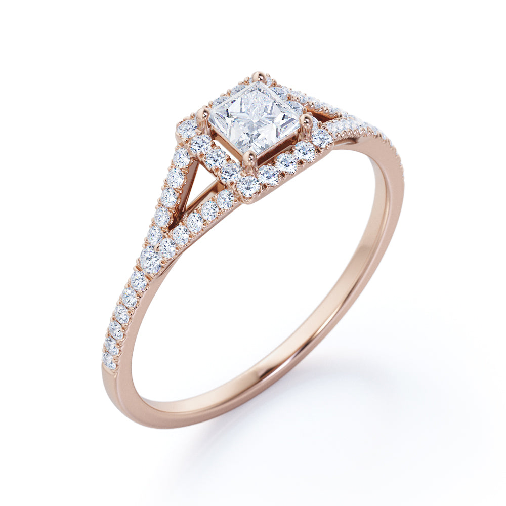 Halo Split shank 0.75 carat Princess cut Moissanite and diamond engagement ring in Rose gold