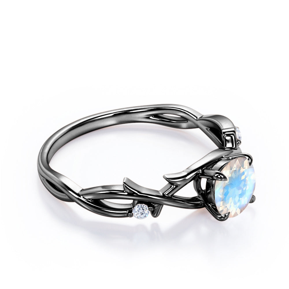 Dainty Branchlet 1.1 carat Round cut Blue Moonstone and diamond nature inspired engagement ring in Black gold