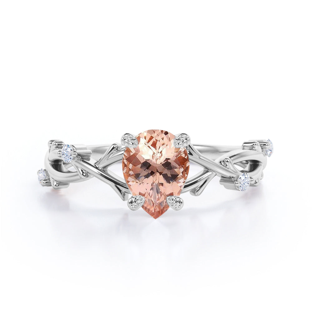 Delicate Twig and Vine 1.1 carat Pear Shaped Morganite and diamond forest ring-earthy engagement ring in White gold