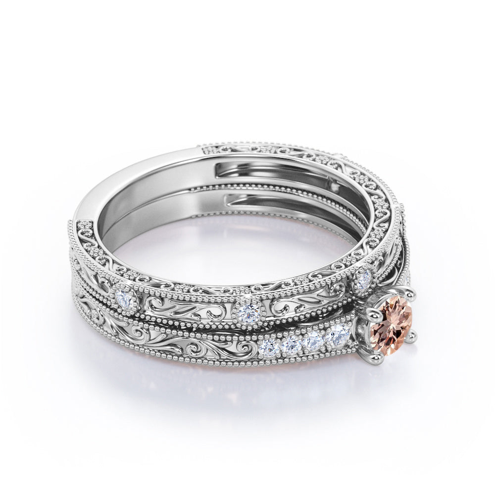 Antique Edwardian Décor 0.65 carat Round cut Peach pink Morganite and Diamond filigree and milgrain wedding ring set in White gold