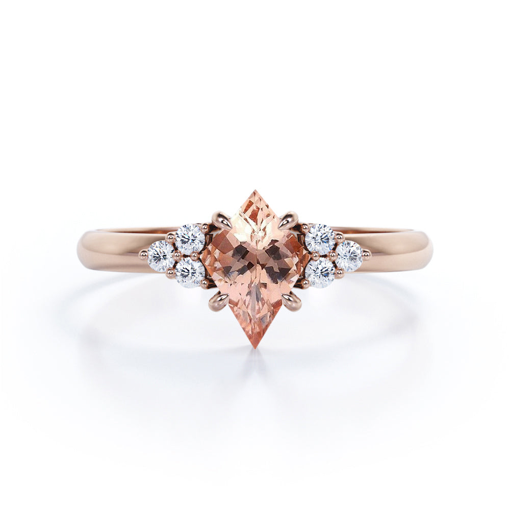 Affordable 1.2 carat Kite shaped Peach Morganite and diamond claw prong engagement ring in Rose gold