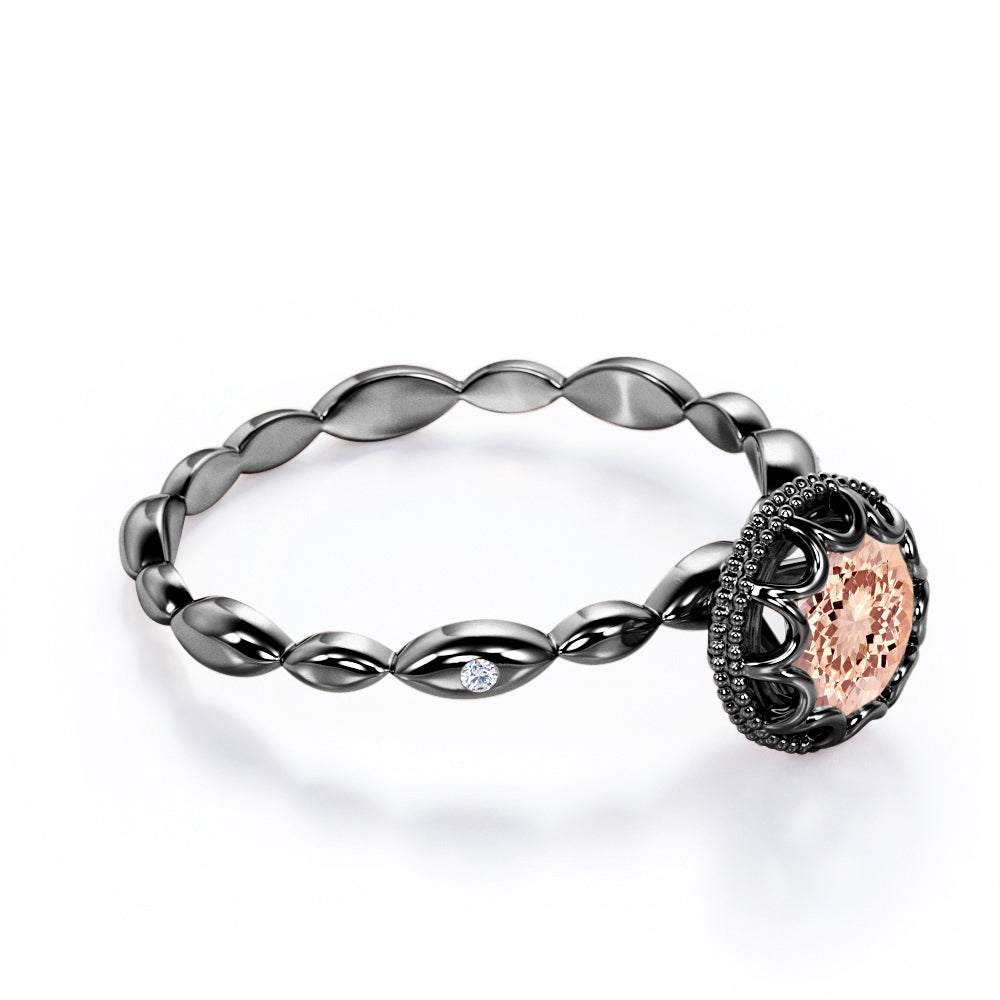 Floral Halo 1 carat Round cut Morganite and diamond scalloped Milgrain engagement ring in Black gold