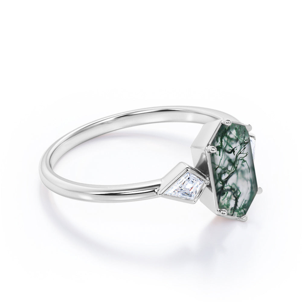 Antique Trinity 1.2 carat Hexagon shaped Moss Green Agate and Kite diamonds engagement ring in White gold