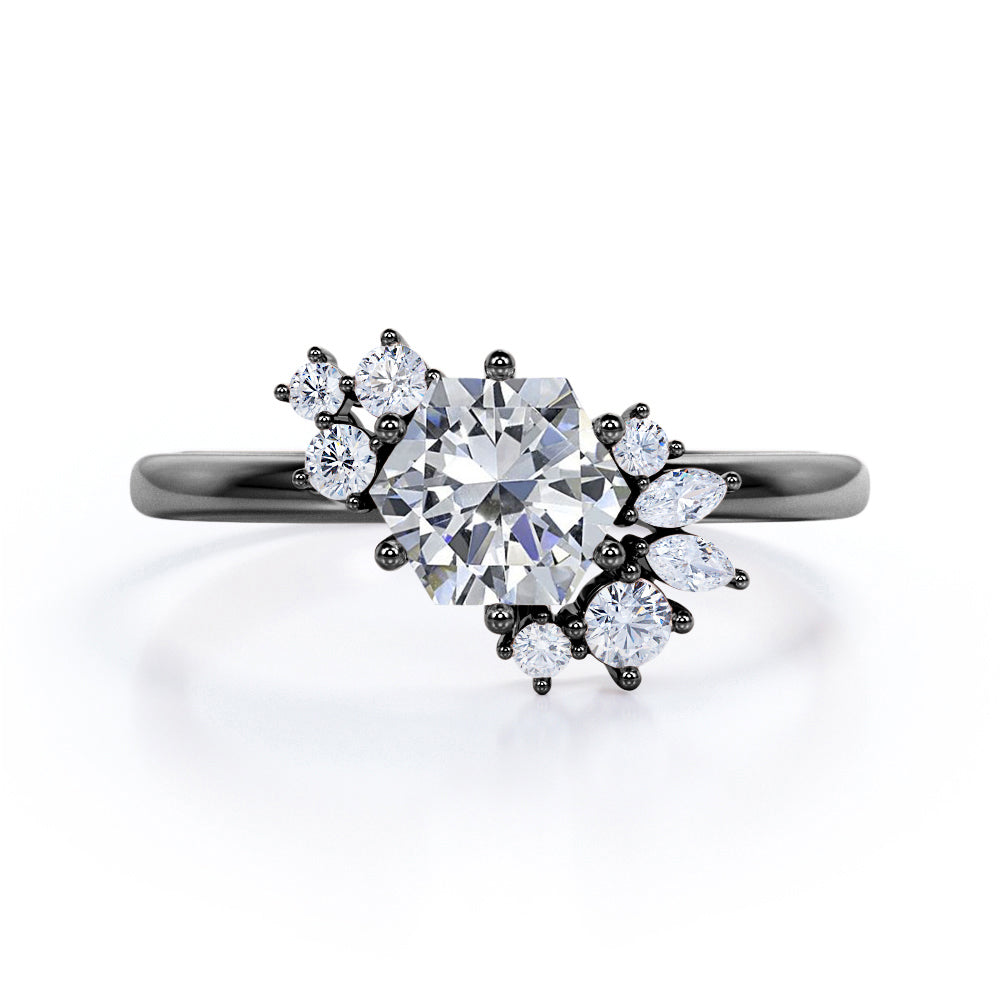 Floral art deco 1.15 carat Hexagon Shaped Moissanite and diamonds artisan engagement ring in Black gold