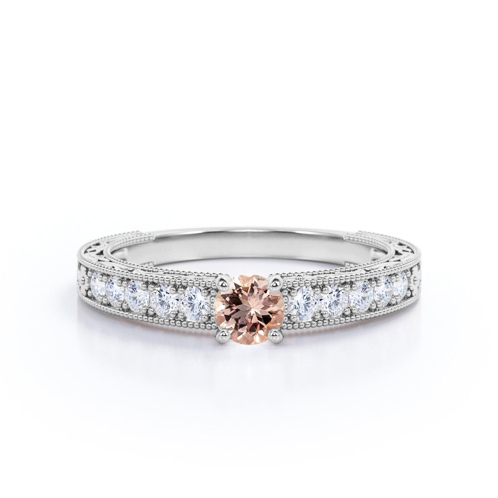 Art Nouveau style 0.75 carat Round cut Peach Morganite and diamond shared prong engagement ring in White gold