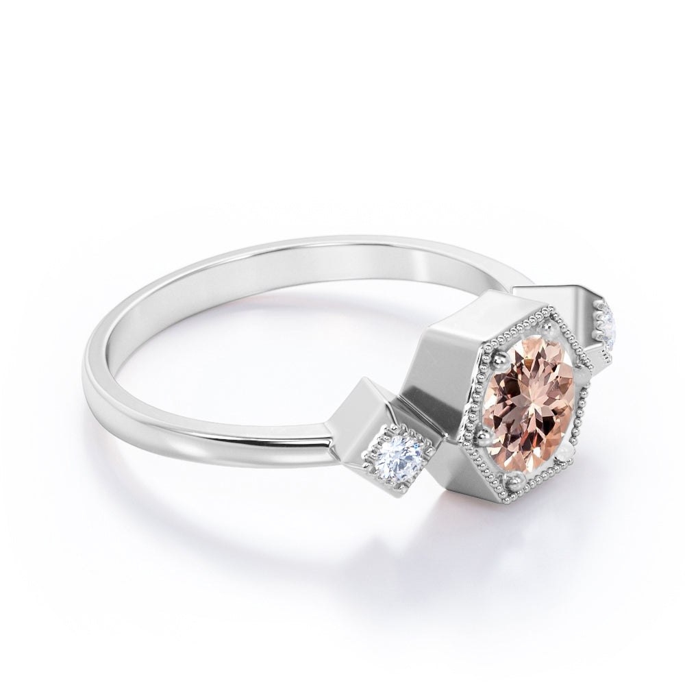 Classic Trinity 1.1 carat Round cut Peach pink Morganite and diamond petite milgrain engagement ring in White gold