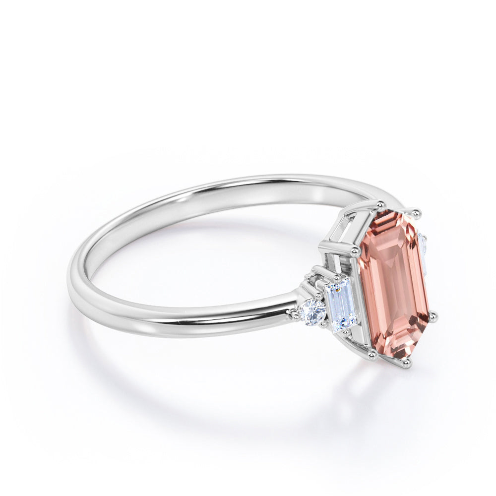 Lovely 5 stones 1.1 carat Hexagon Shaped Morganite and diamond tapered shank engagement ring in White gold