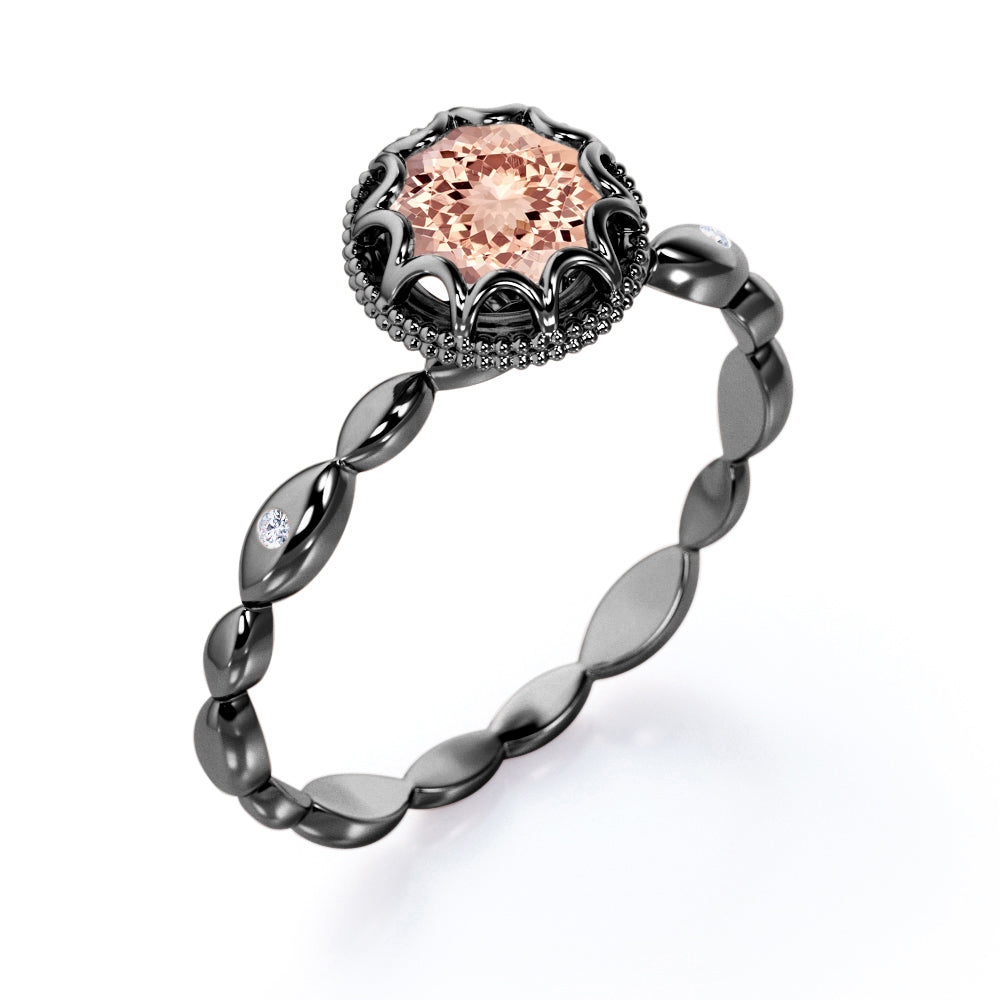 Floral Halo 1 carat Round cut Morganite and diamond scalloped Milgrain engagement ring in Black gold
