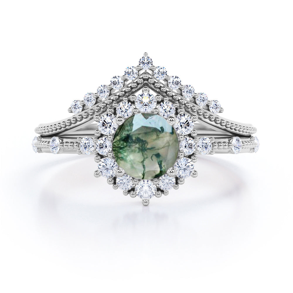 Contoured Cluster 1.45 carat Round cut Moss Green Agate and diamond milgrain art deco wedding ring set in White gold